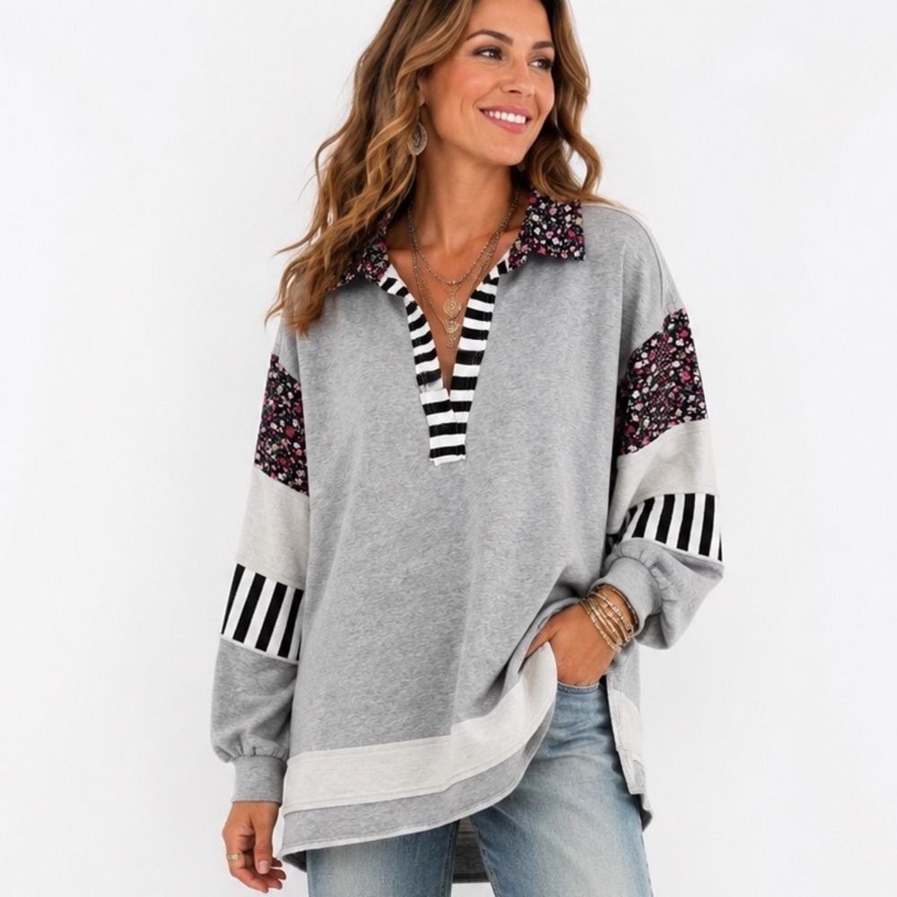 Umgee Mixed Media Sweatshirt Large Floral Stripe Colorblock Gray Pullover